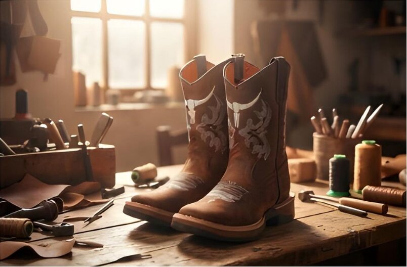 Par de botas de piel vaqueras hechas a mano sobre una mesa de madera en un taller artesanal, destacando la calidad de los productos hechos en línea.