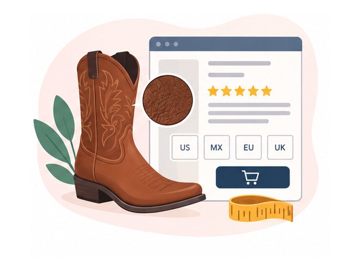 Compras internacionales de botas vaqueras con revisión de tallas, materiales, características y valoraciones antes de realizar un pedido.
