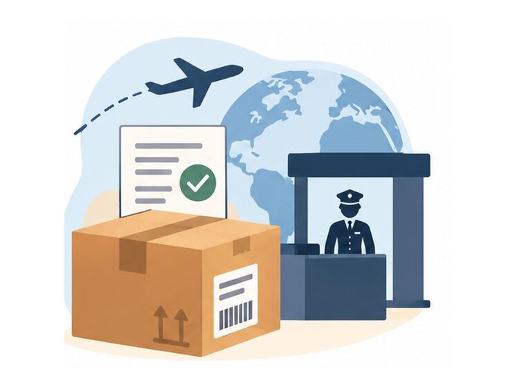 Ilustración de compras internacionales con revisión aduanera, documentación de importación y transporte de paquetes entre países.