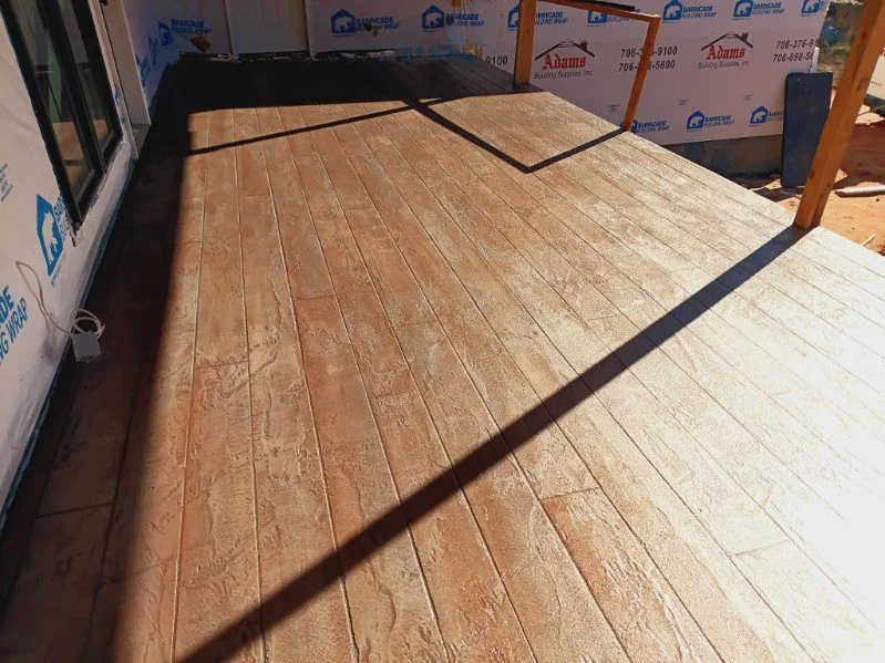 Warm wood-plank textured concrete porch overlay