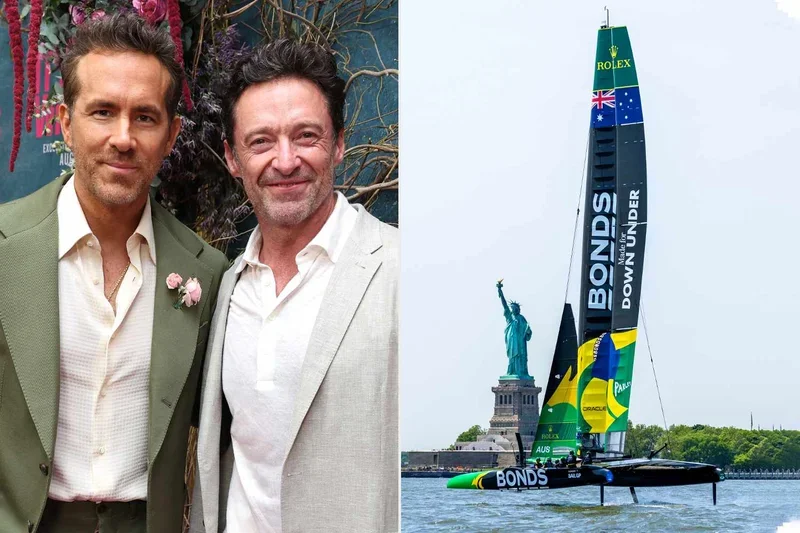 Hugh Jackman and Ryan Reynolds with SailGP boat