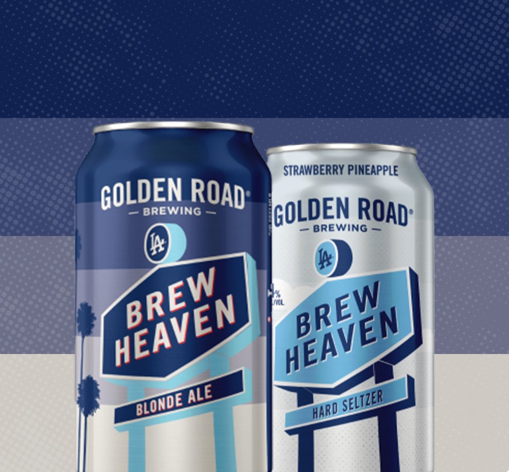 Golden Road Brew Haven cans in blue and white. 