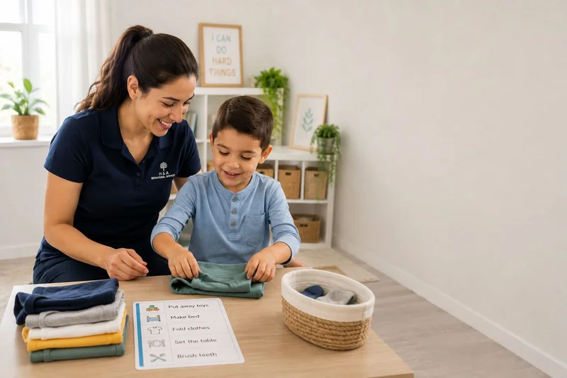 Child engaged in adaptive daily living skills with therapist support