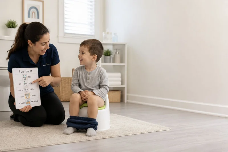 Therapist teaching potty training skills to develop independence