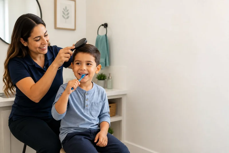 Therapist guiding child through personal grooming and hygiene routine