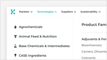 Knowde’s menu lets you focus your search for materials on a specific market, technology, supplier or sustainability feature