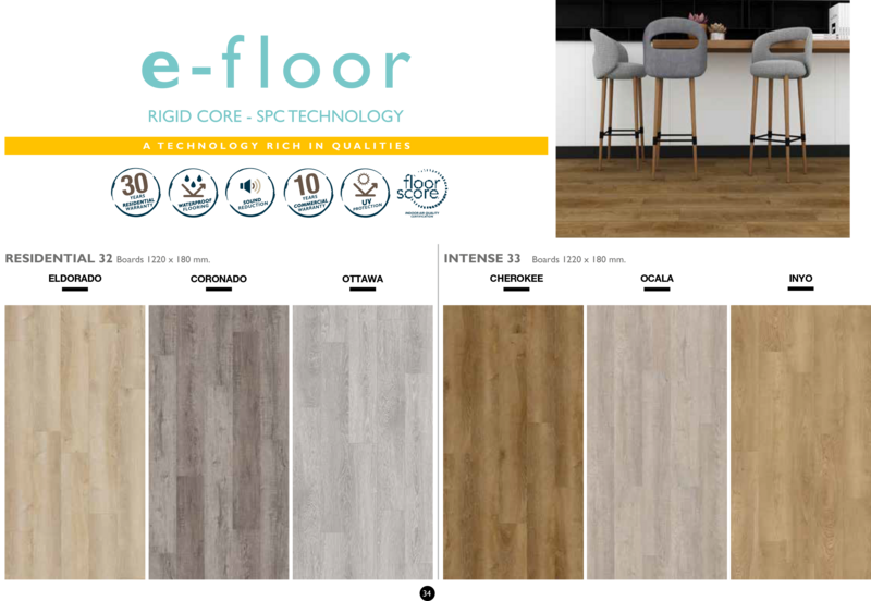 FP Bois e-floor SPC rigid core waterproof flooring planks in Eldorado, Coronado, Cherokee and Ottawa colourways