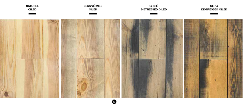 FP Bois solid pine flooring colour swatches showing Naturel Oiled, Lessivé Miel, Grisé Distressed Oiled and Sépia Distressed Oiled