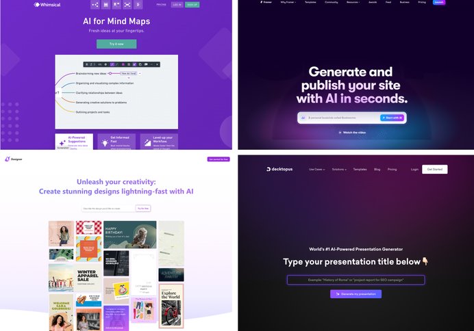 Screenshot compilation of purple being used heavily across landing experiences to represent AI. Image credits: Whitespectre / Whimsical, Designer, Framer, and Decktoplus
