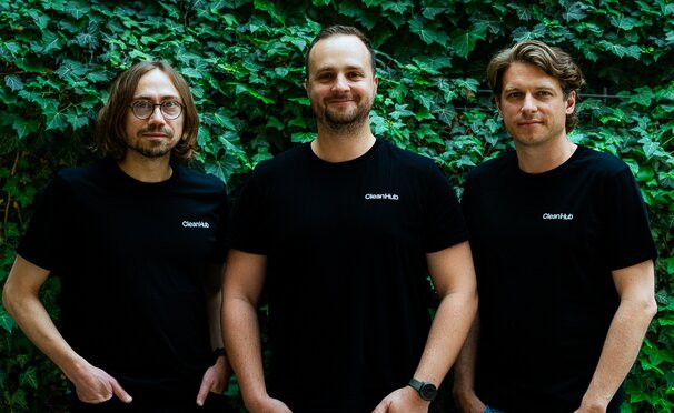 Image shows a photo of CleanHub's co-founders and co-CEOs, Florin, Joel and Louis. 