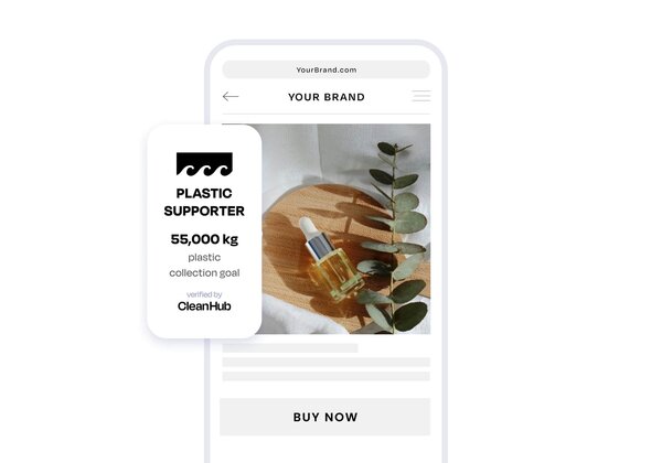 Image shows a brand's website with the CleanHub supporter badge and the waste collection goal - works really great on mobile devices too.