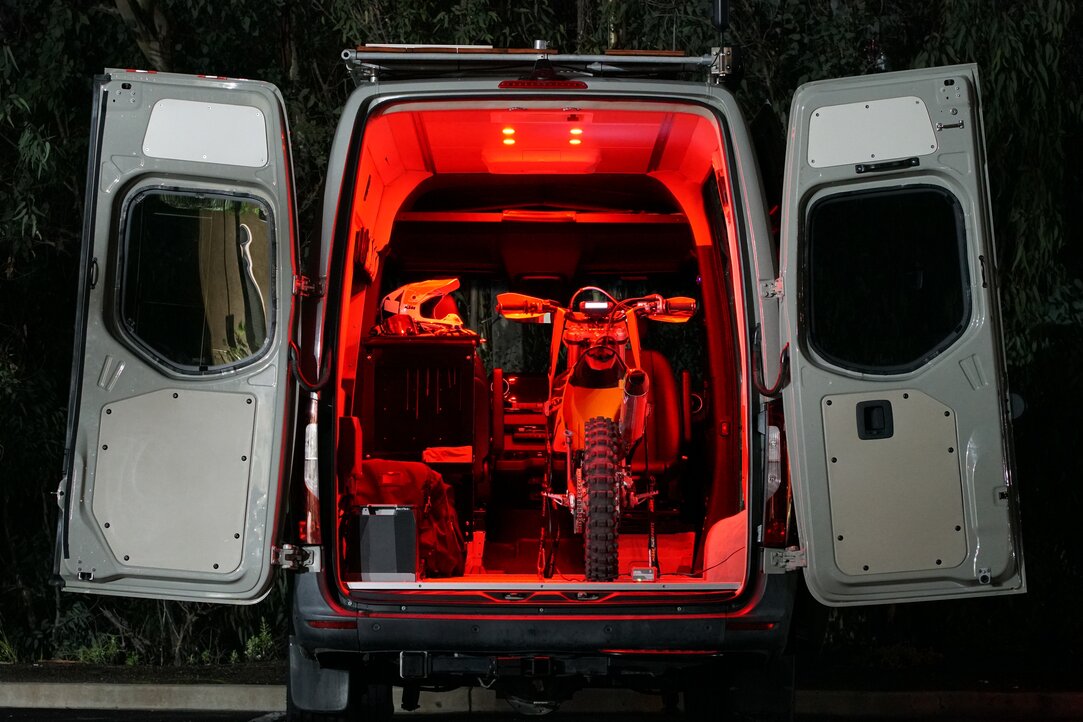 The Dometic Penguin II internal distribution box is integrated into the camper van ceiling. The air controls and vents are highlighted.