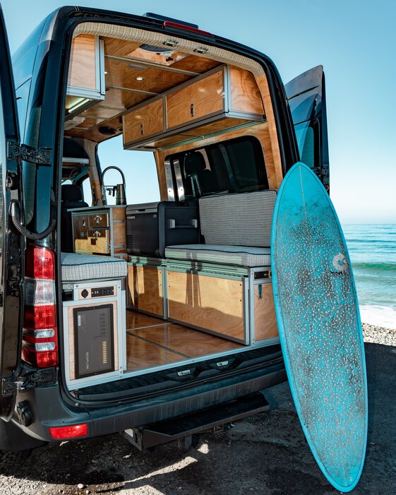 The River Runner 144 Build Highlight page. Configure this unique adventure van as a family camper, gear hauler, weekday work van or weekend home base — and change it up anytime you want.