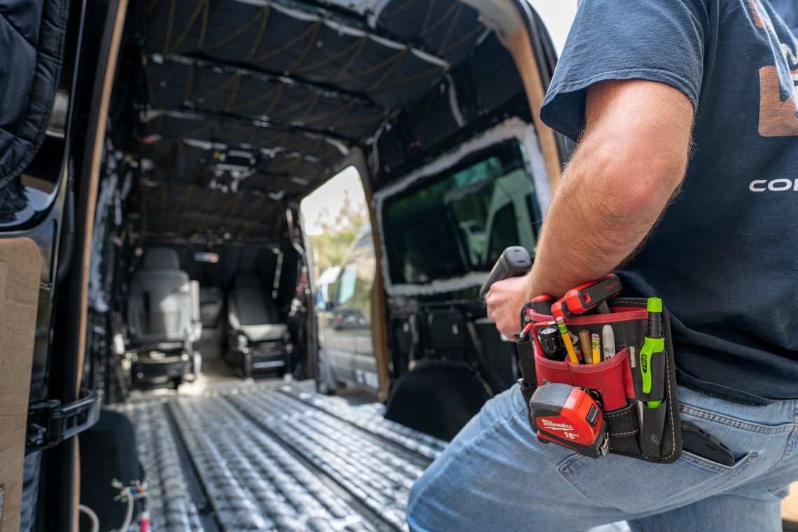 A Sprinter van conversion upfit getting under way. A van conversion builder company starting the van build progress.