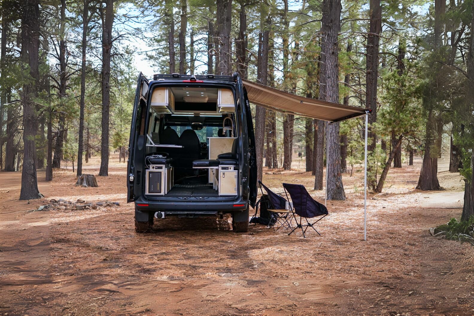 Camper Van Conversion with modular 8020 mounting rails. DIY Mercedes Benz Sprinter Interior Conversion Van kit.