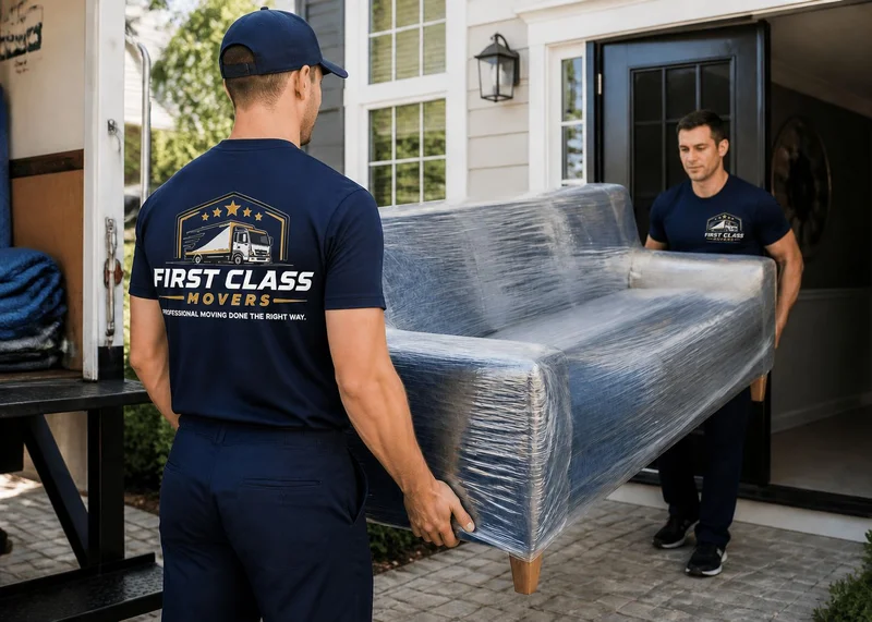 First Class Movers crew carrying a wrapped sofa from a home