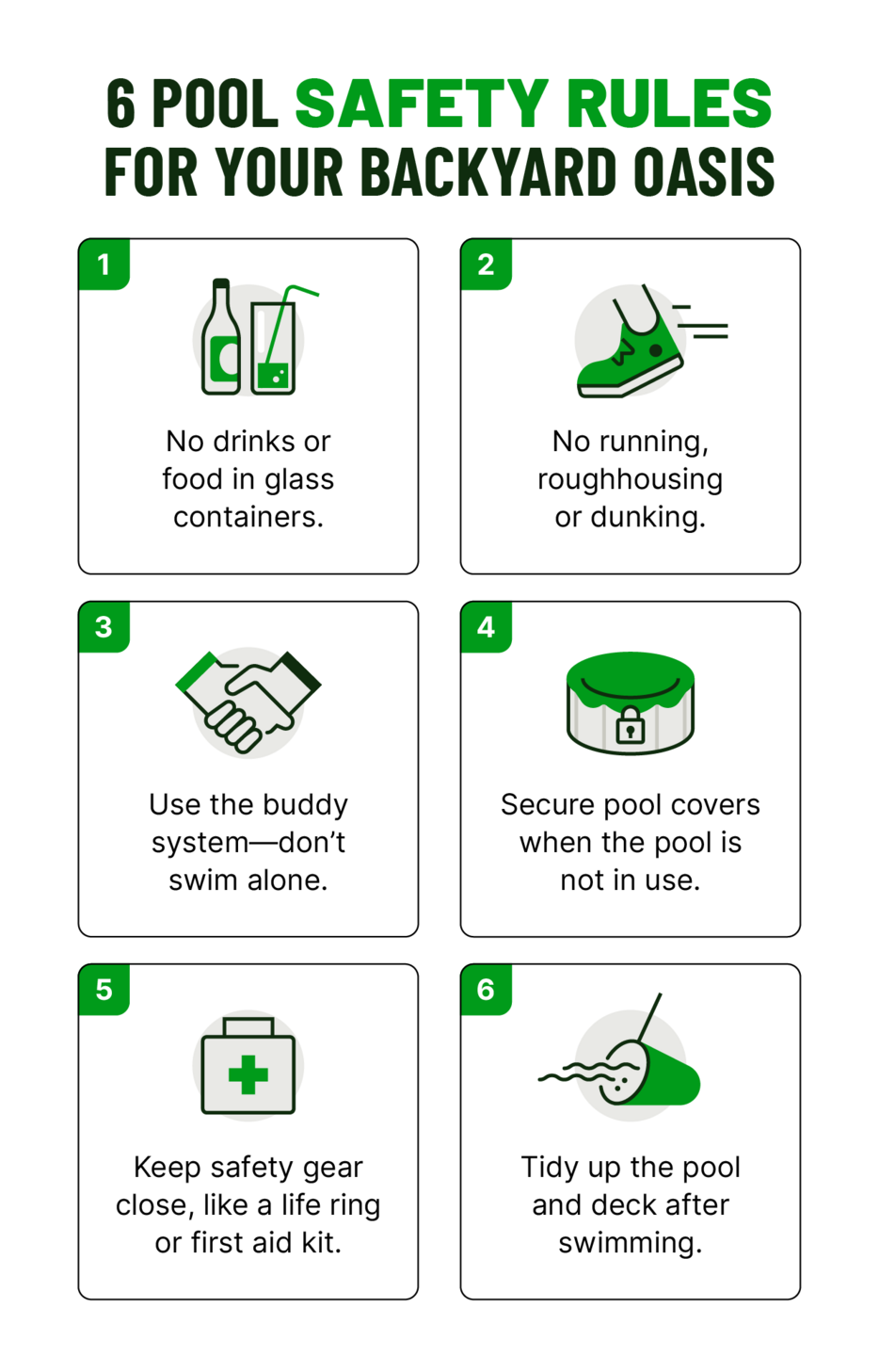  A graphic shows 6 pool safety rules designed to help protect swimmers and homeowner property.