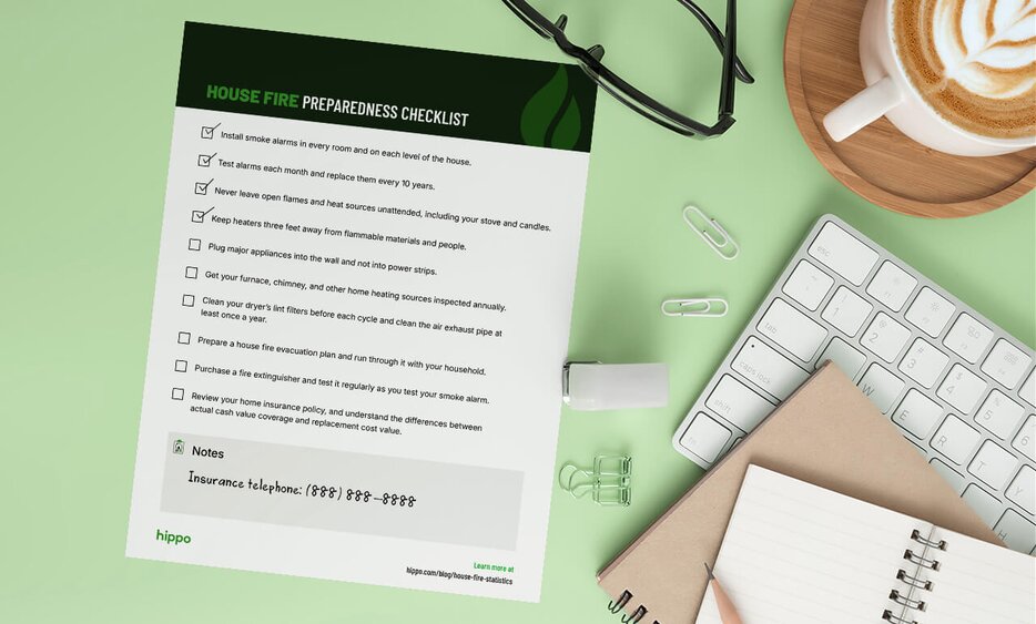 Mockup of a house fire preparedness checklist PDF on a green desk with office supplies scattered around it.