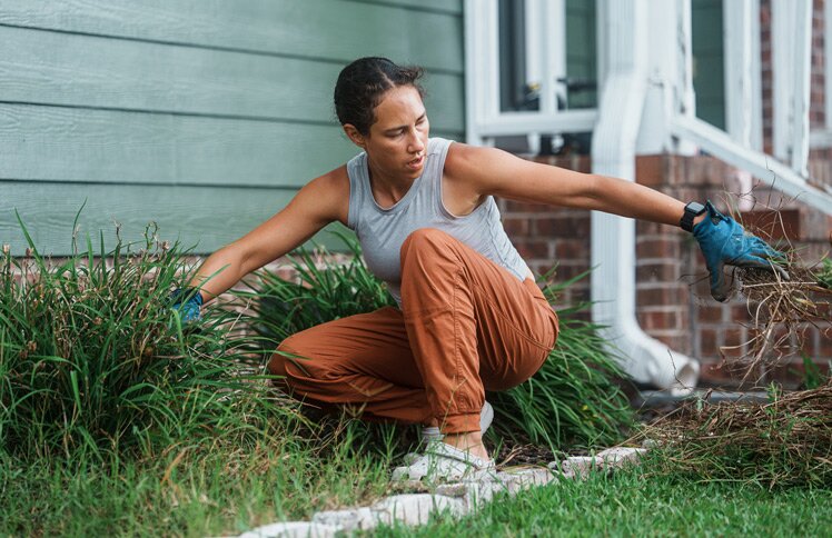 A woman weeds her front lawn outside her home.