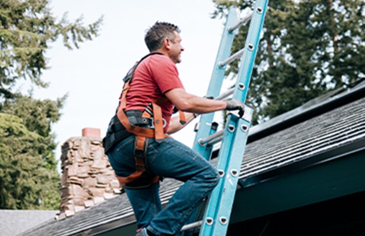 A homeowner wearing safety equipment views the solar panels on their roof from a ladder.