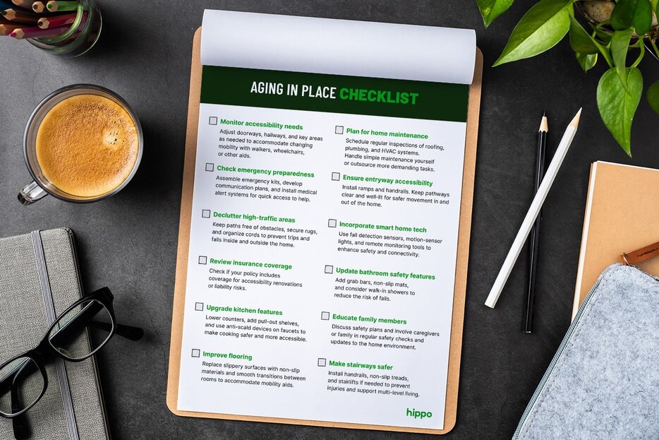 An aging in place checklist displayed on a clipboard, featuring key items like home modifications, safety measures, and accessible design tips for seniors.