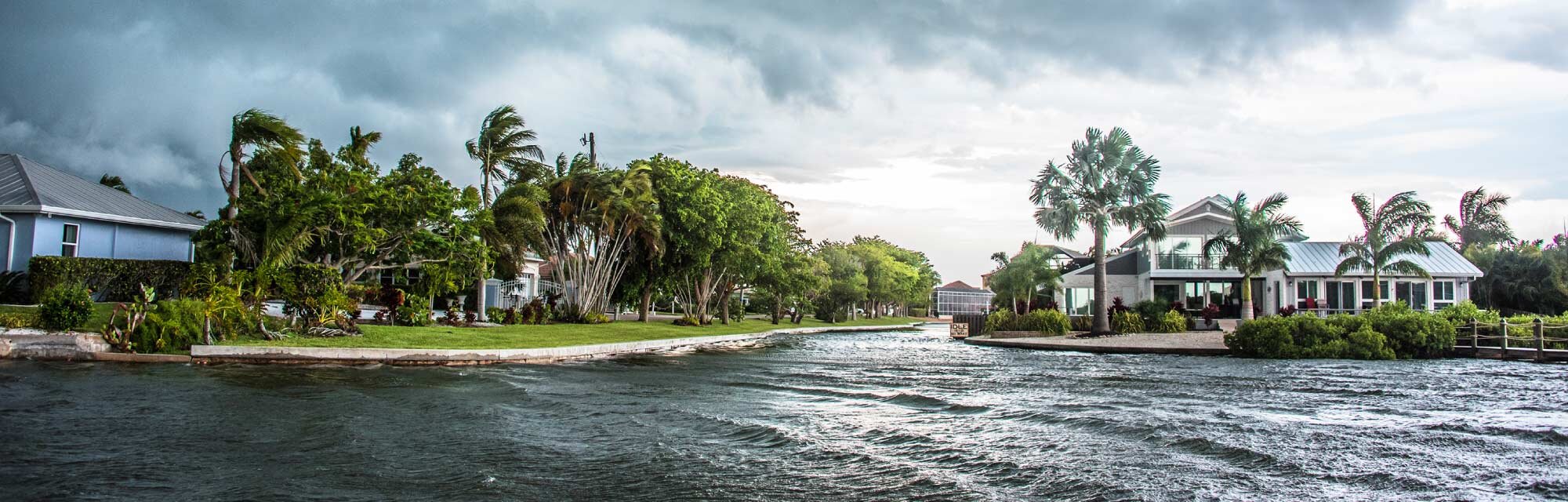 Waterfront houses surrounded by palm trees and storm clouds overhead.