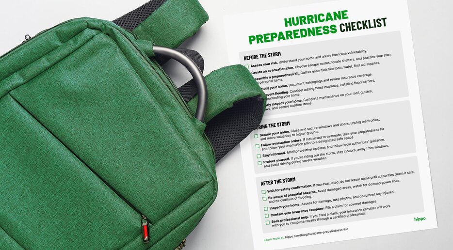 A green backpack lies next to a hurricane preparedness checklist with items to consider before, during, and after a storm. 