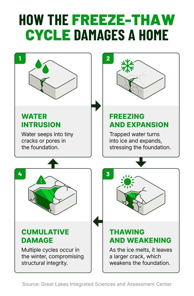 A four-step diagram showing the freeze-thaw cycle. Water seeps into a foundation crack, freezes and expands, then thaws, leaving a larger crack.