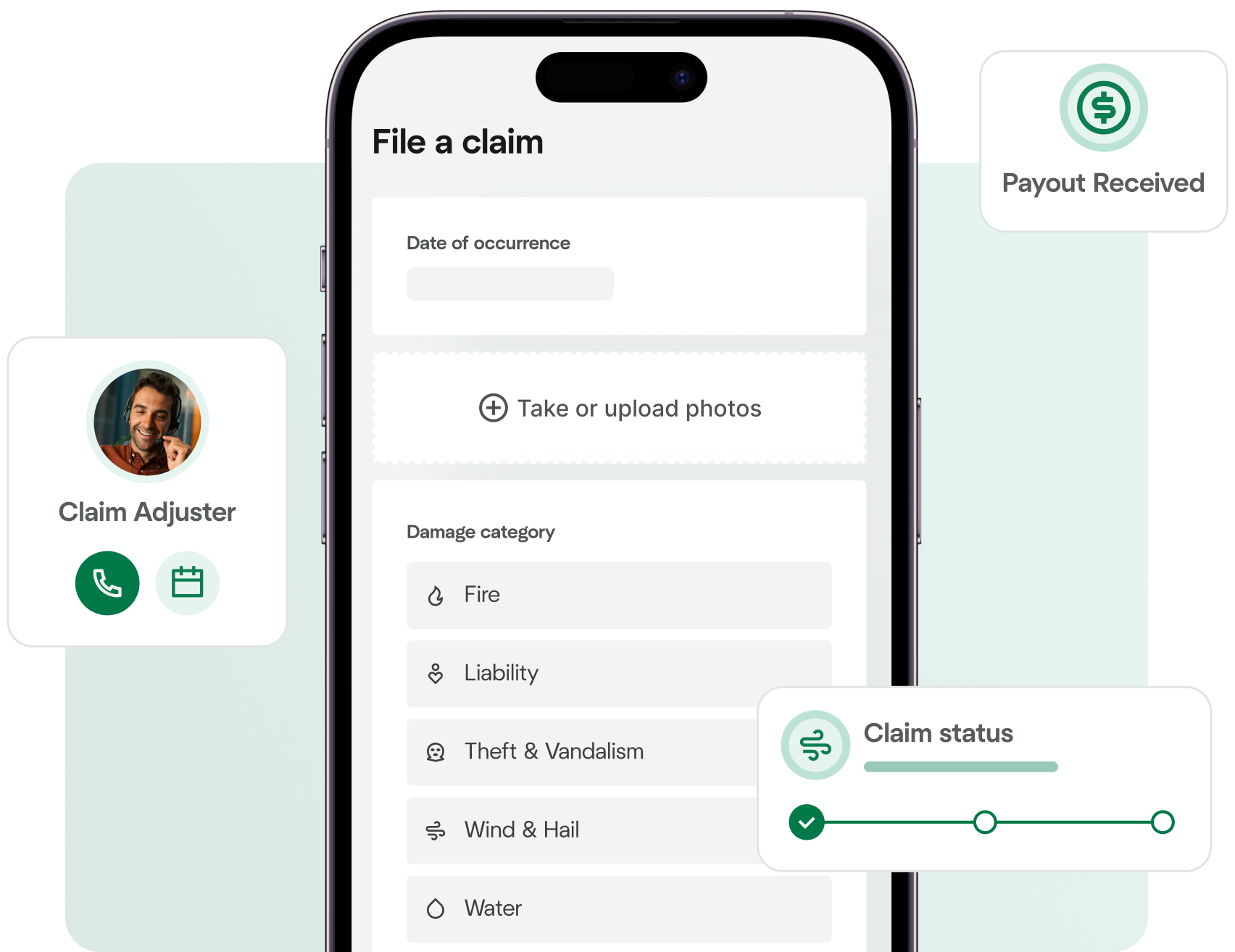 A mockup of the Hippo Home app displayed on a smartphone, showing the claim filing page with fields for damage category, claim status, and options to take or upload photos.
