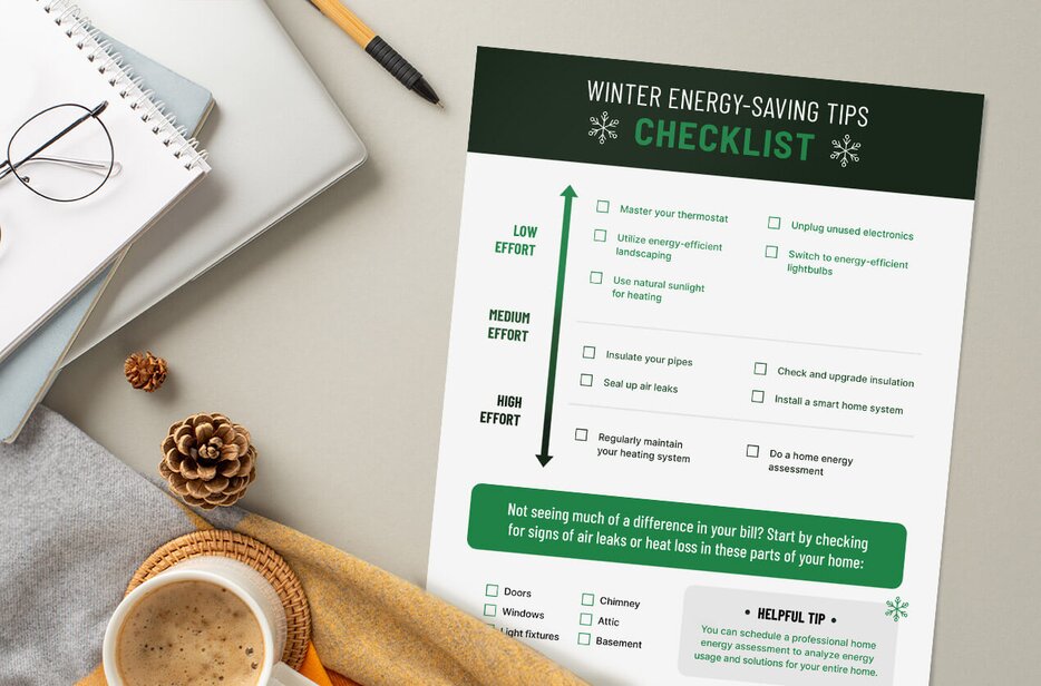 A checklist on a desk featuring a winter energy-saving tips checklist.