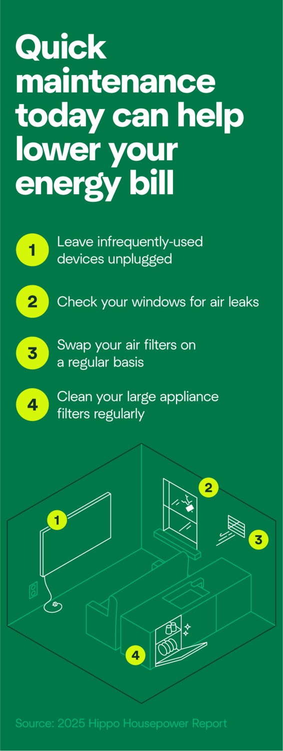 A graphic showing the small changes you can make today to affect your energy bill. Try checking if your windows have leaks and swapping your air return vents.