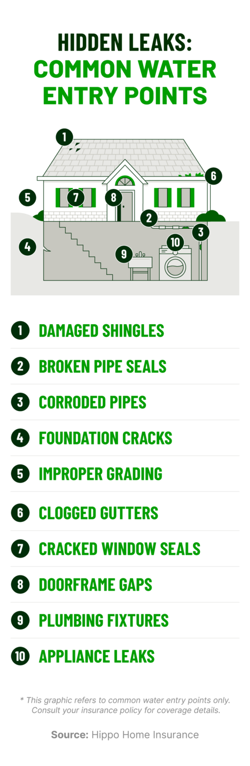 An illustration of a house showing 10 common water entry points.