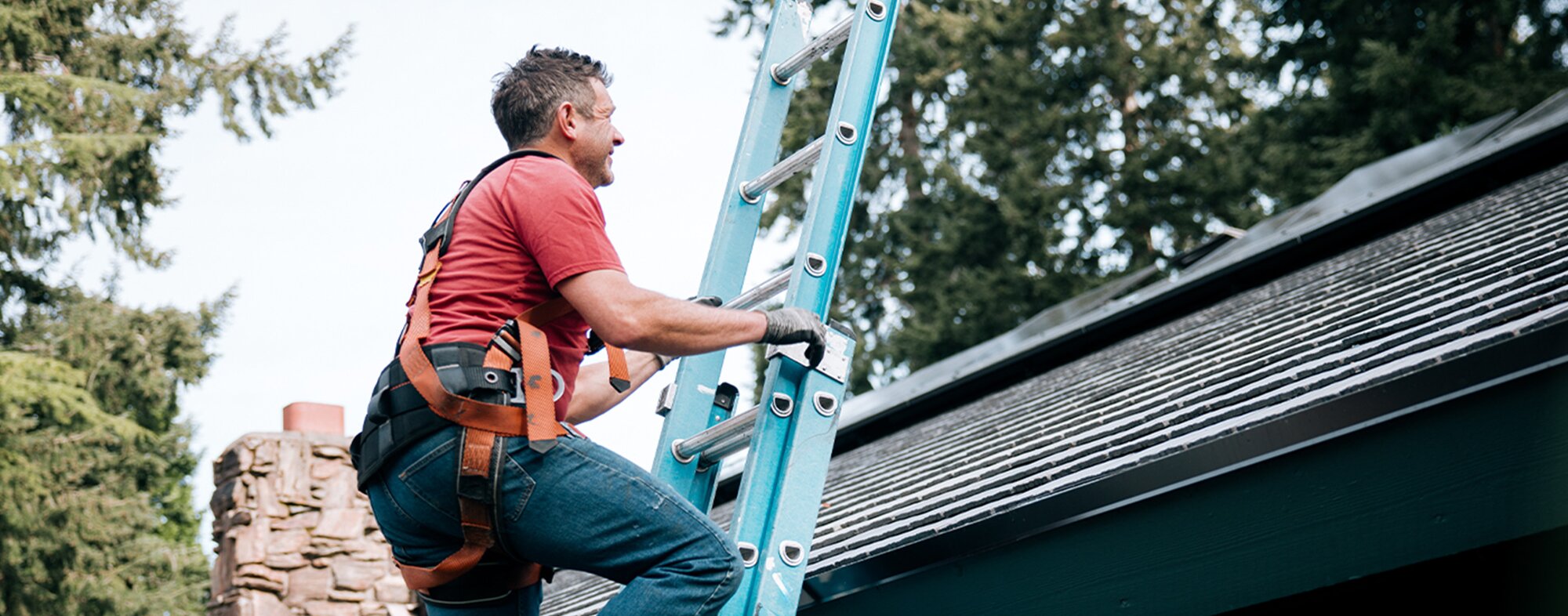 A homeowner wearing safety equipment views the solar panels on their roof from a ladder.]