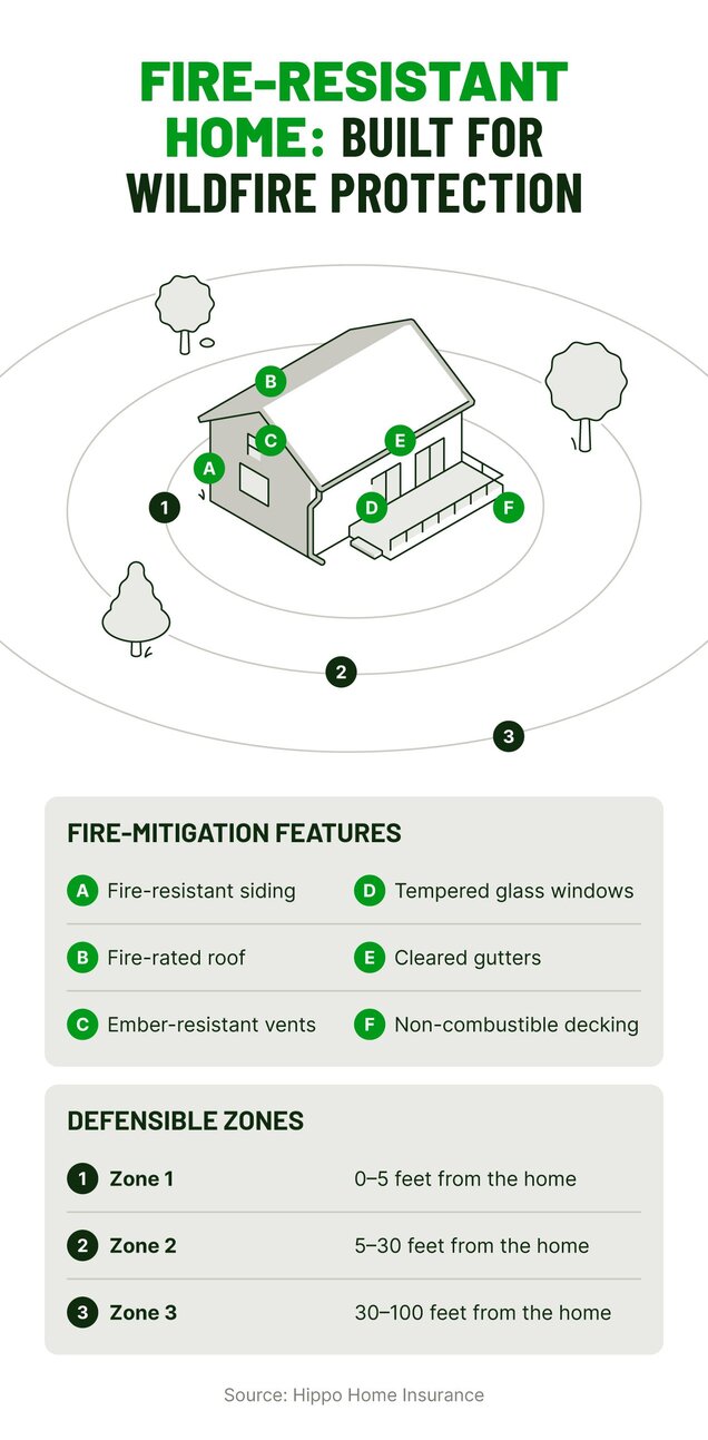 A graphic shows home fire-mitigation features and defensible zones for fire protection.