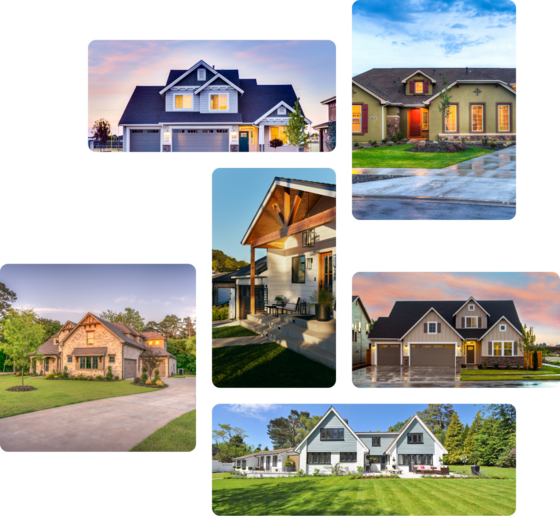 A grid of photos displaying various houses, with different architectural styles and colors