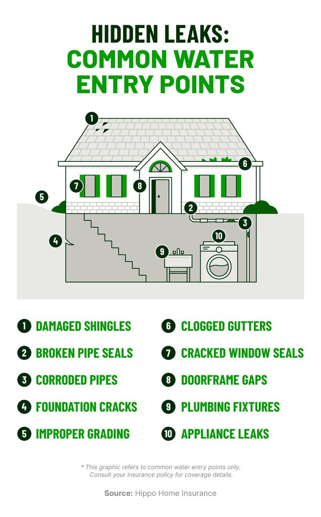 An illustration of a house showing 10 common water entry points.