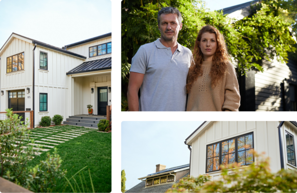 A grid of photos displaying houses and families posing in front of their homes.