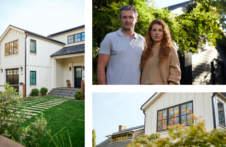 A grid of photos displaying houses and families posing in front of their homes.