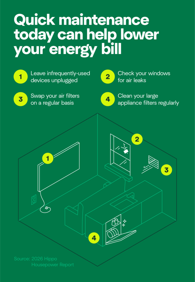 A graphic showing the small changes you can make today to affect your energy bill. Try checking if your windows have leaks and swapping your air return vents.