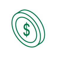 Green and white icon of a dollar sign on a coin shape.
