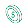 Green and white icon of a dollar sign on a coin shape.