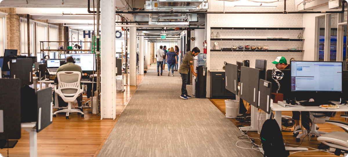 A wide view of Hippo's open-plan office, showing rows of desks, warm wood floors, large windows, and employees working throughout the space.