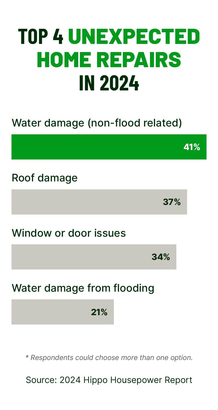 A bar chart highlights the top four unexpected home repairs in 2024.