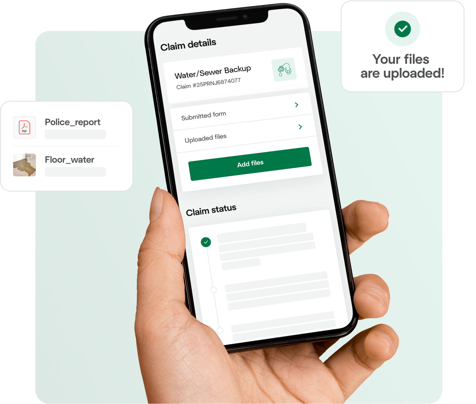 A hand holding a smartphone displaying the Hippo Home app's claims page, with a confirmation message showing that files have been uploaded successfully.