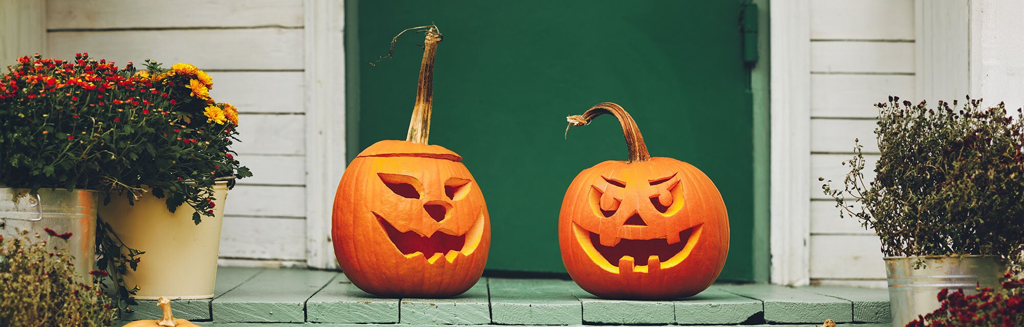 Two Halloween jack-o-lanterns rest on a home’s green porch with potted flowers to the left and the right. 