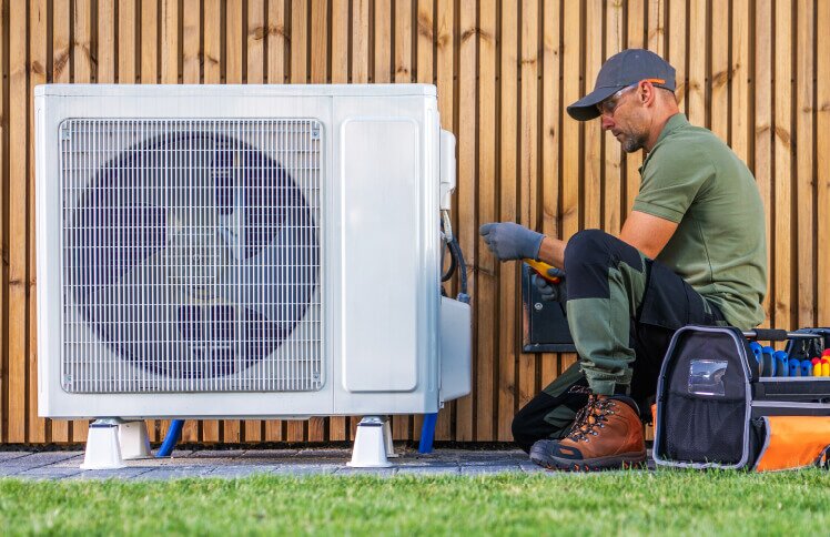 A repair professional wearing a cap and work gloves kneels next to an HVAC unit, with a toolbox nearby.