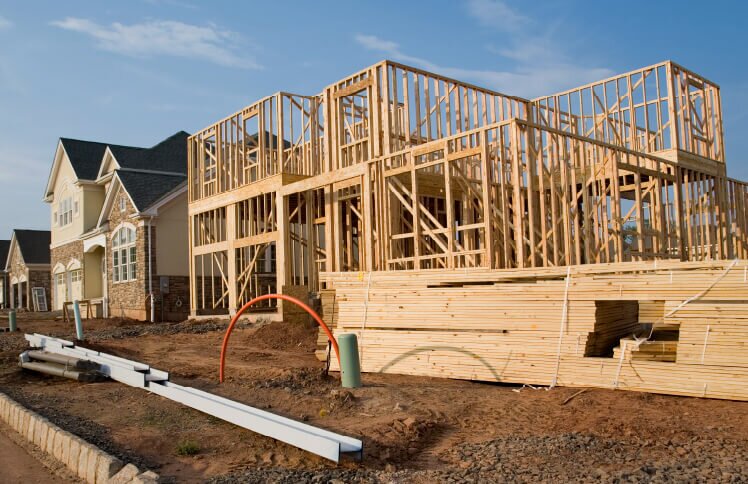 A new, developing neighborhood with with completed an in-progress homes.