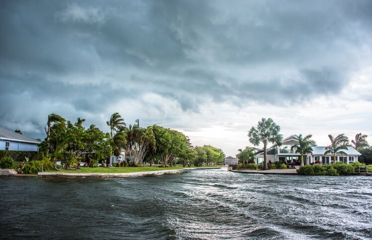 Waterfront houses surrounded by palm trees and storm clouds overhead.