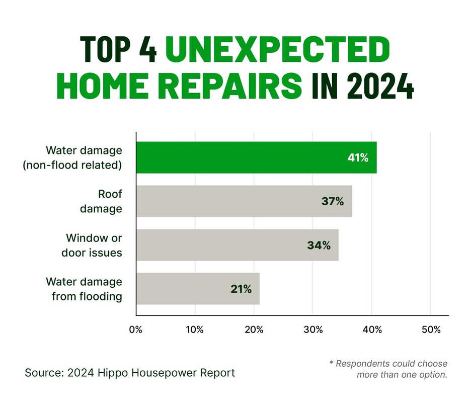 A bar chart highlights the top four unexpected home repairs in 2024. 