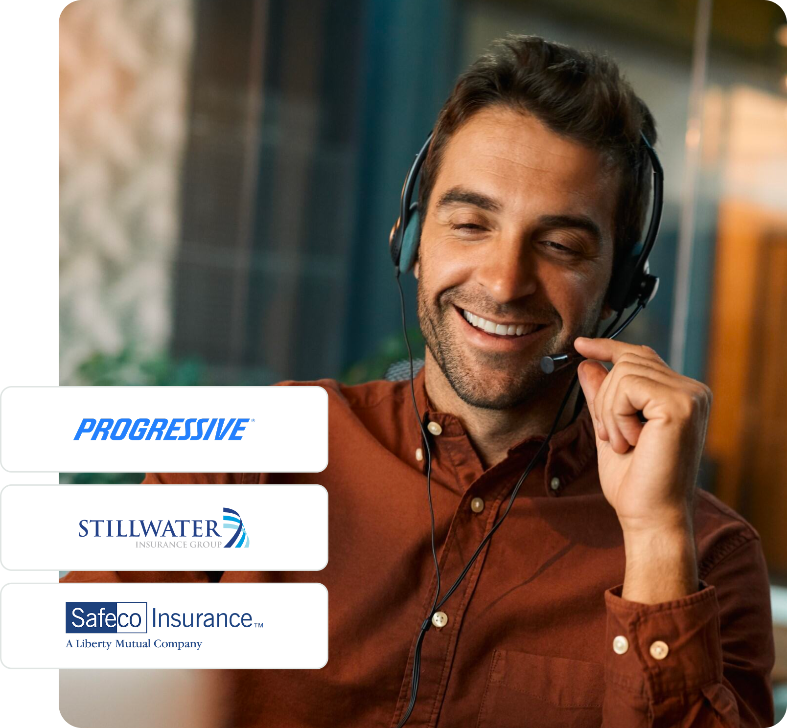 A smiling man wearing a headset. Logos for Progressive, Stillwater Insurance Group, and Safeco Insurance are featured.